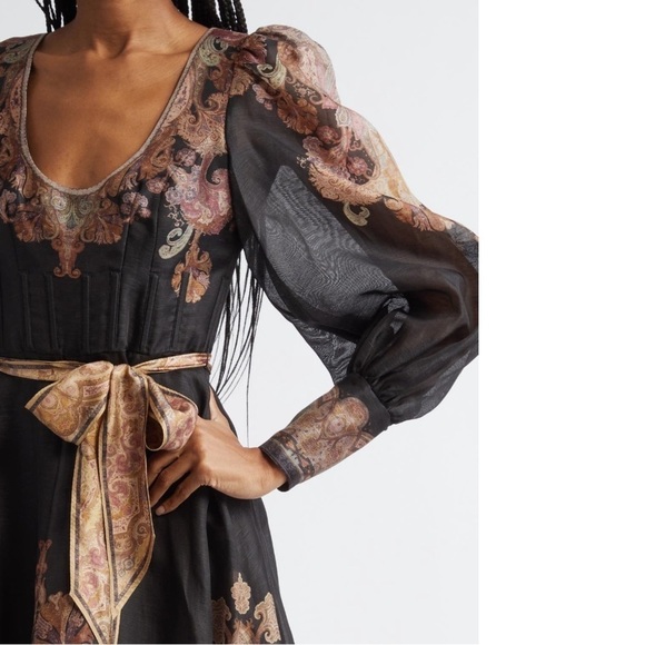 ZIMMERMANN Illustration Belted Printed Linen Silk Blend Organza Midi Dress Black - Picture 3 of 16